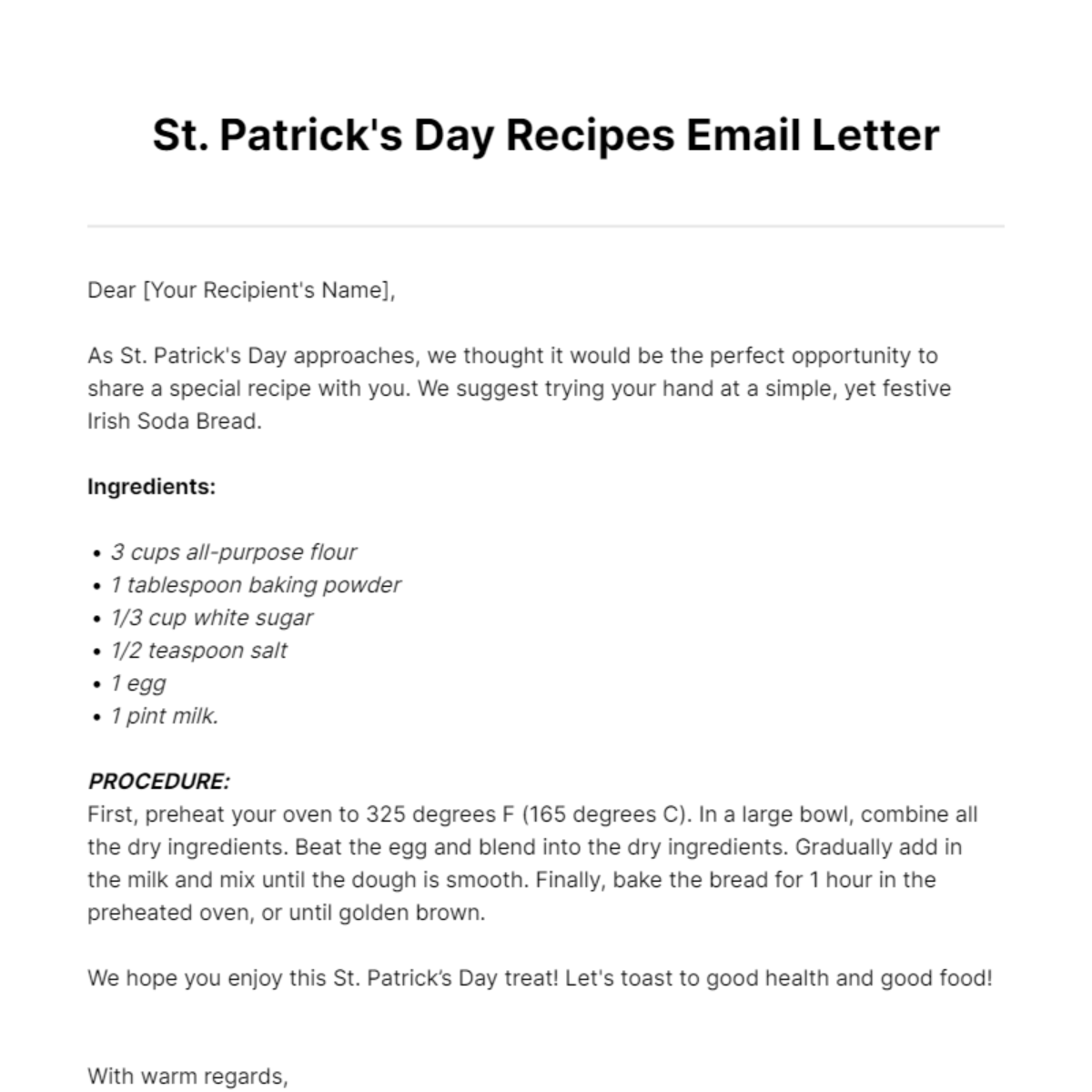 St. Patrick's Day Recipes Email Letter Template - Edit Online & Download