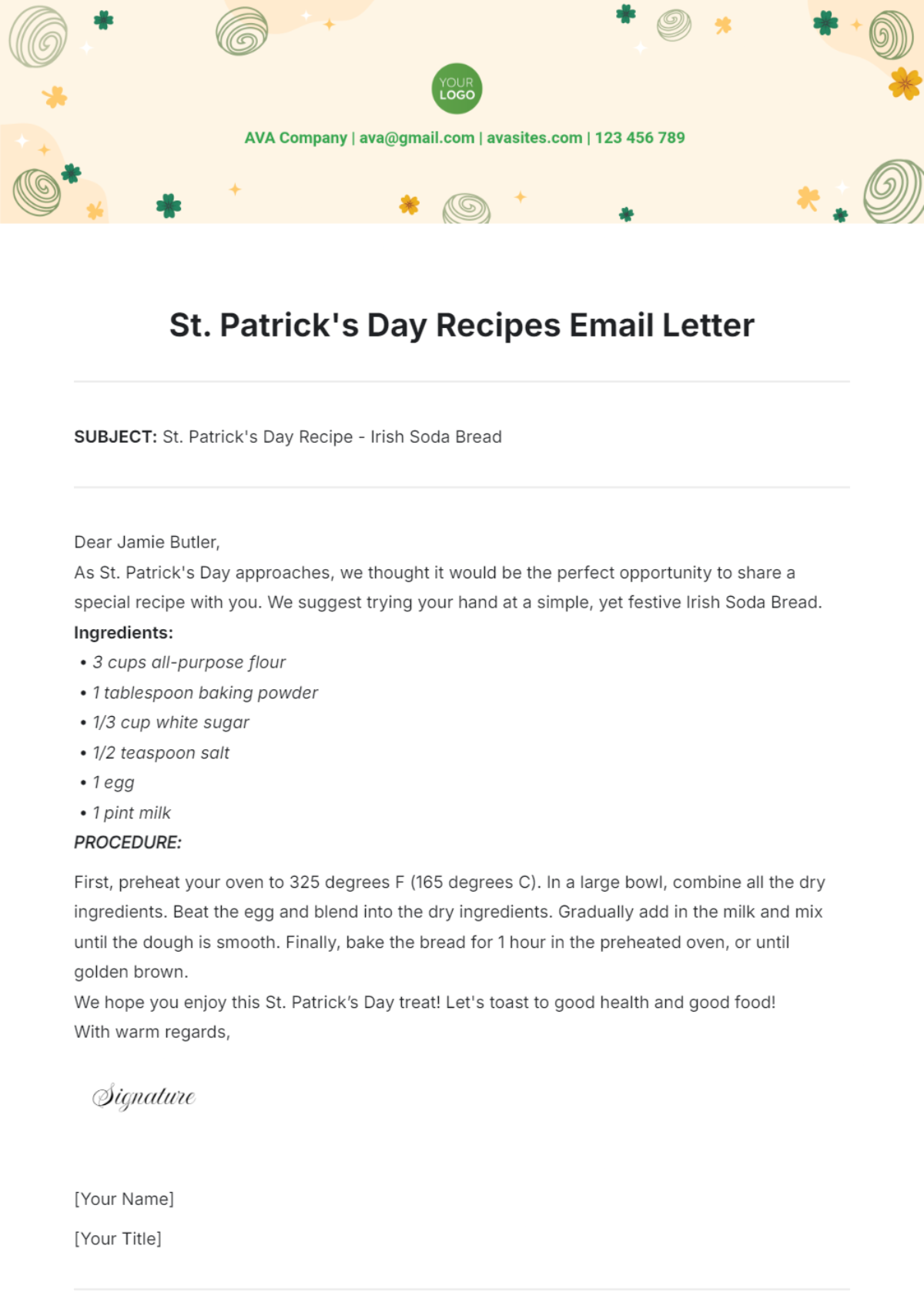 St. Patrick's Day Recipes Email Letter Template - Edit Online & Download