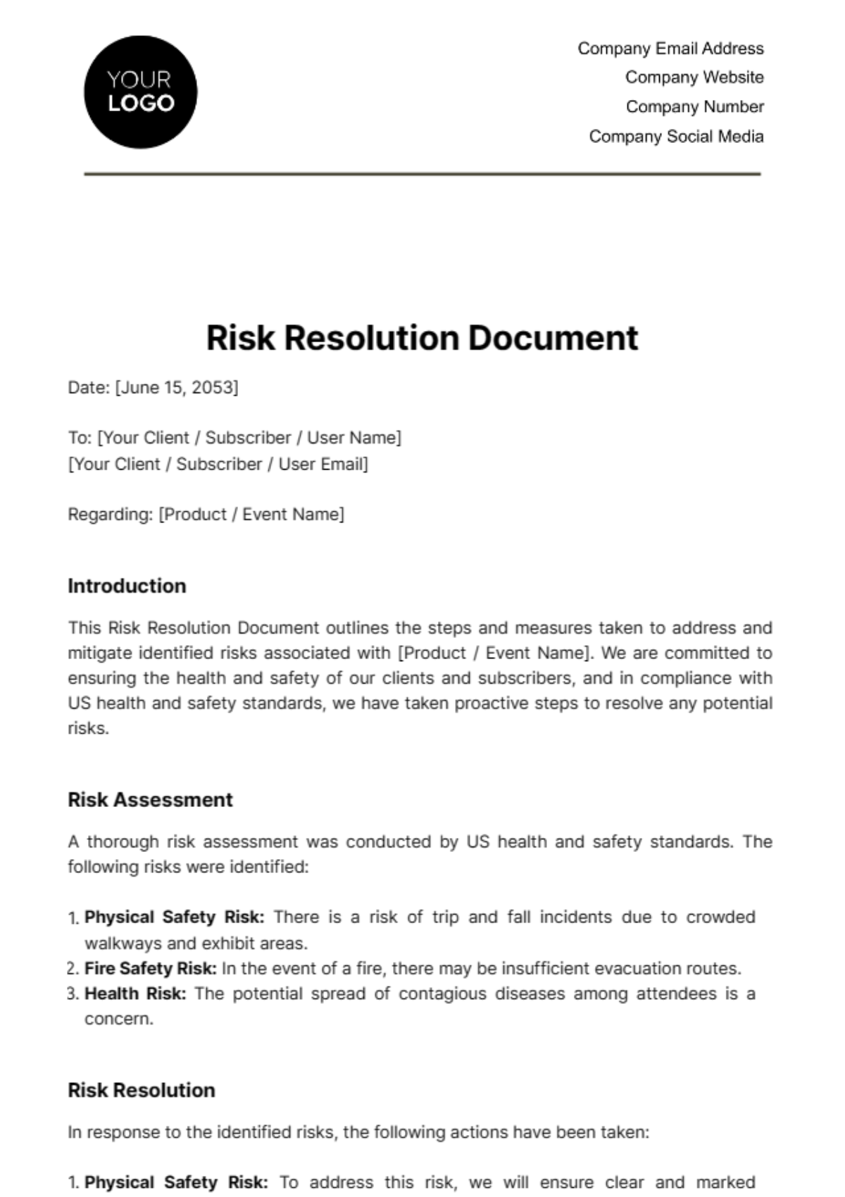 Free Risk Resolution Document Template