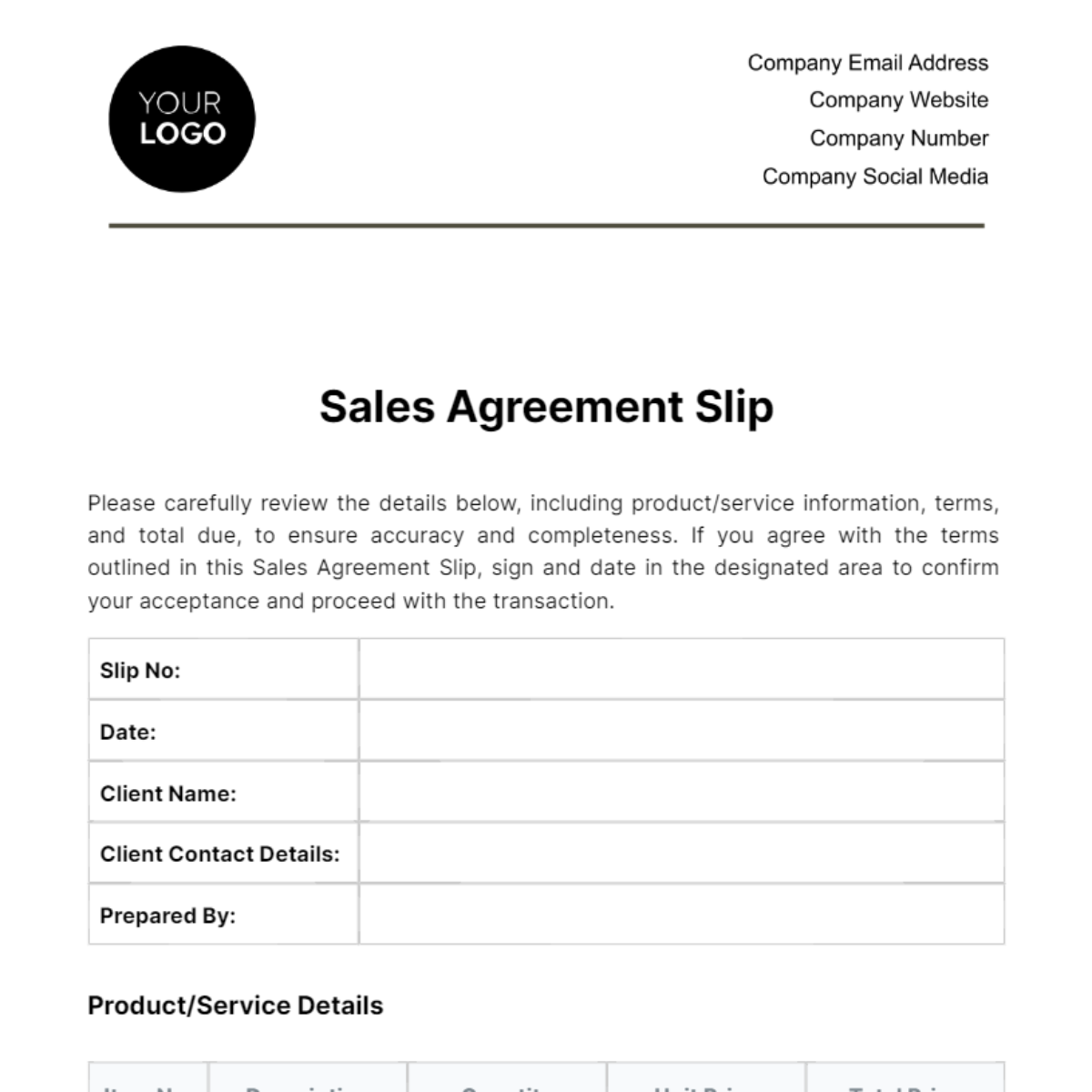 Free  Sales Agreement Slip Template