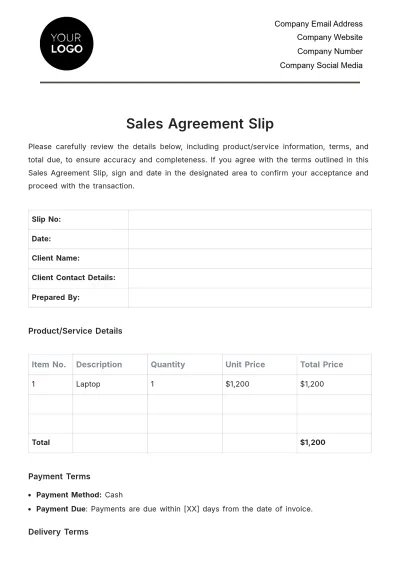 Free Sales Agreement Slip Template to Edit Online