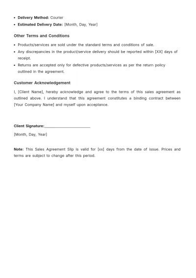 Free Sales Agreement Slip Template to Edit Online