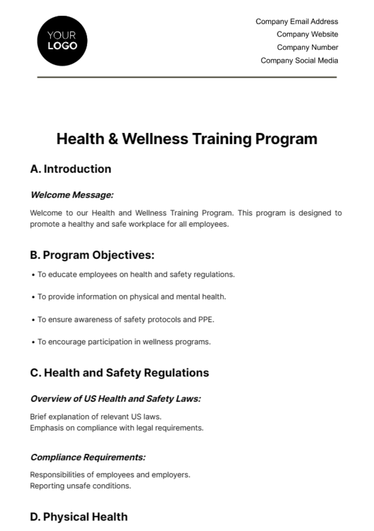 Health and Wellness Training Program Template