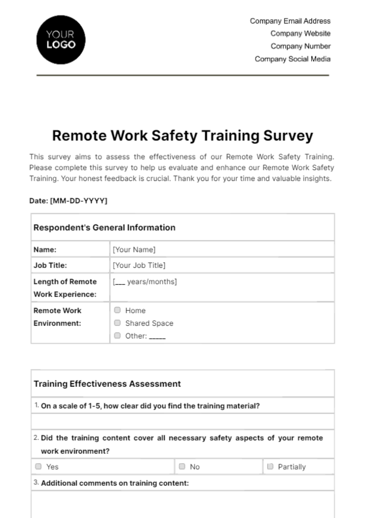 Remote Work Safety Training Survey Template