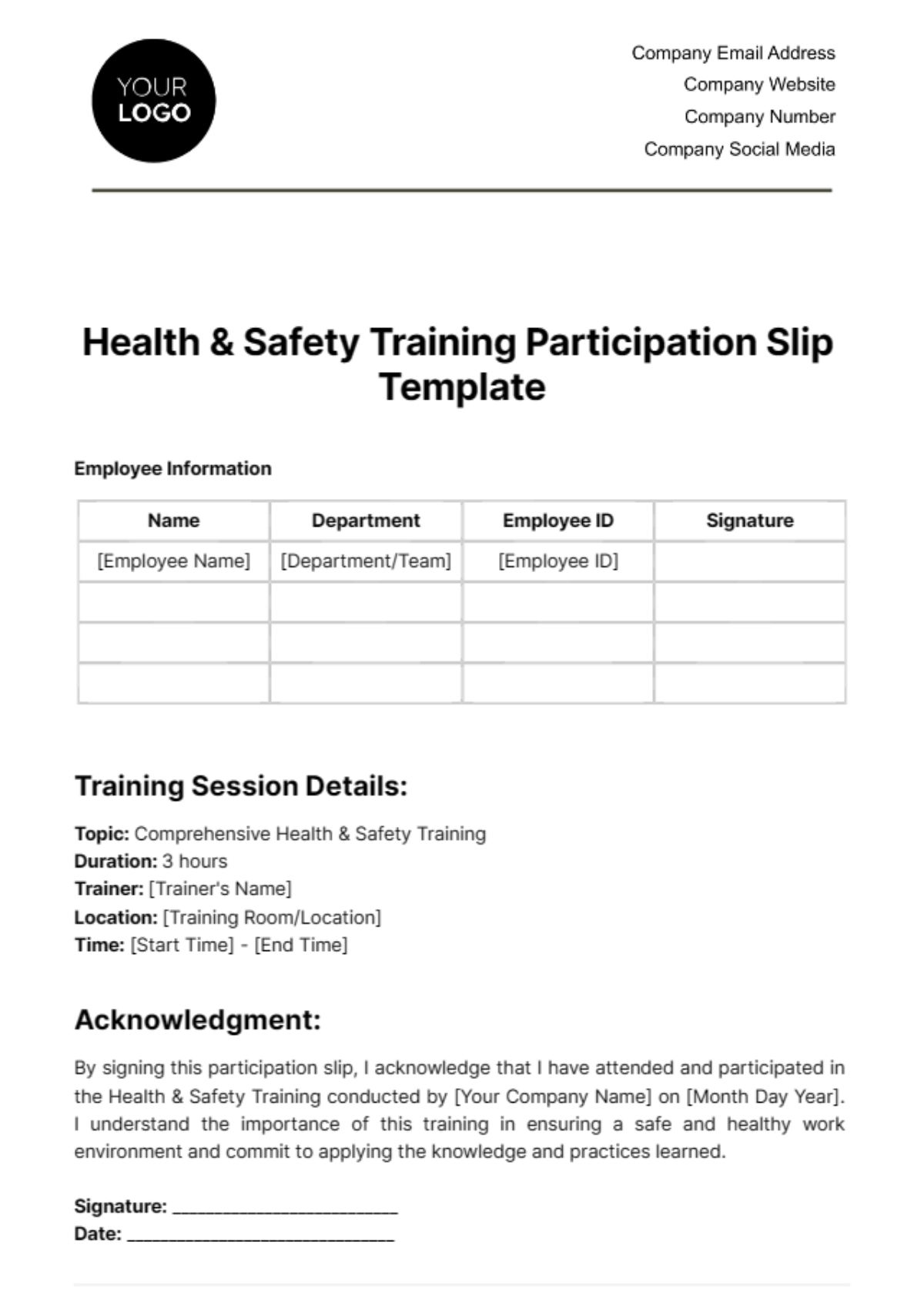 Health & Safety Training Participation Slip Template - Edit Online & Download