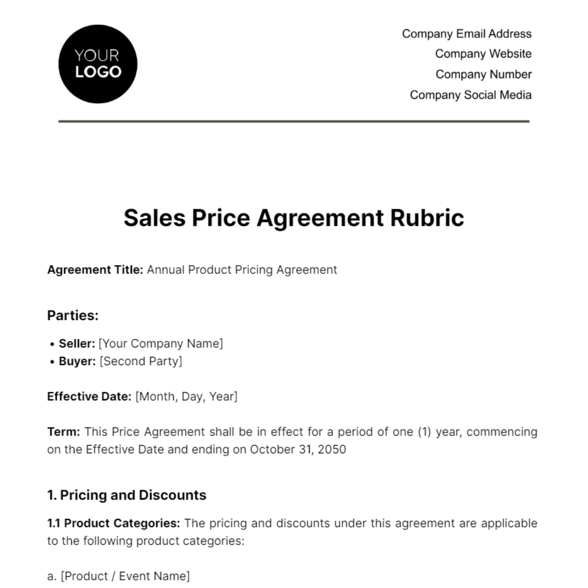 Free Sales Price Agreement Rubric Template