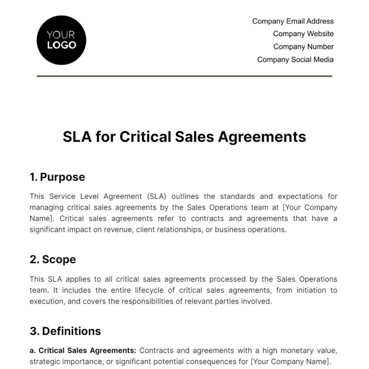 Free SLA for Critical Sales Agreements Template