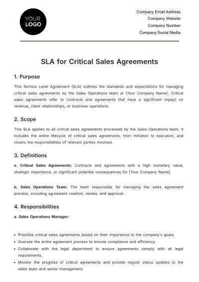 Free SLA for Critical Sales Agreements Template to Edit Online