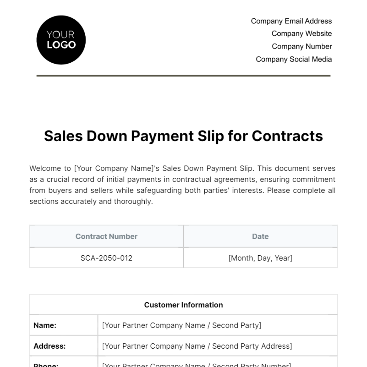 Free Sales Down Payment Slip for Contracts Template