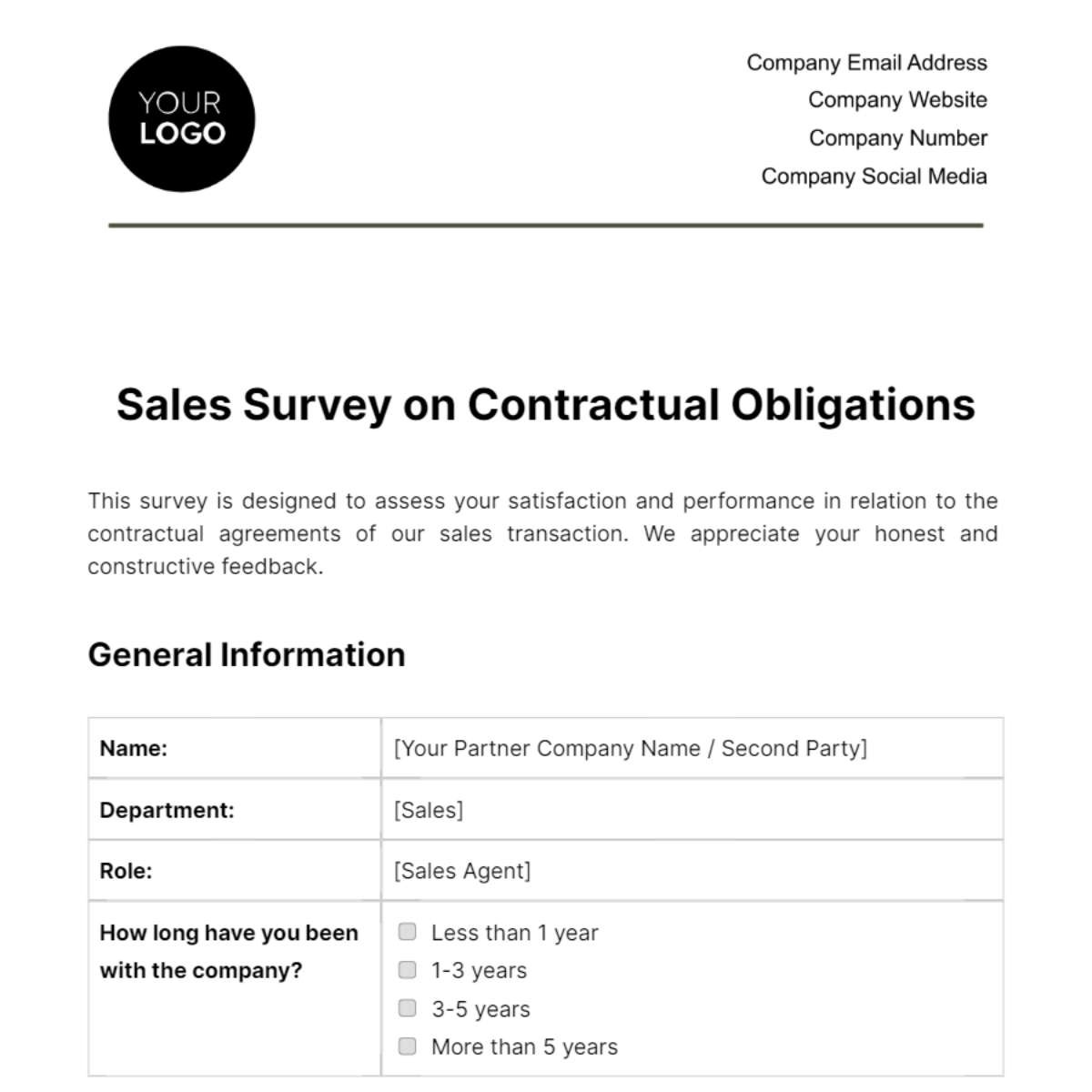 Free Sales Survey on Contractual Obligations Template