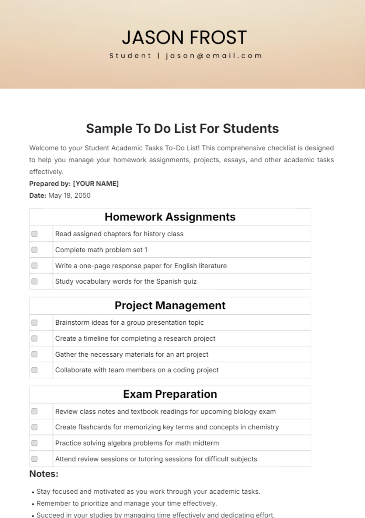 Sample To Do List for Students Template