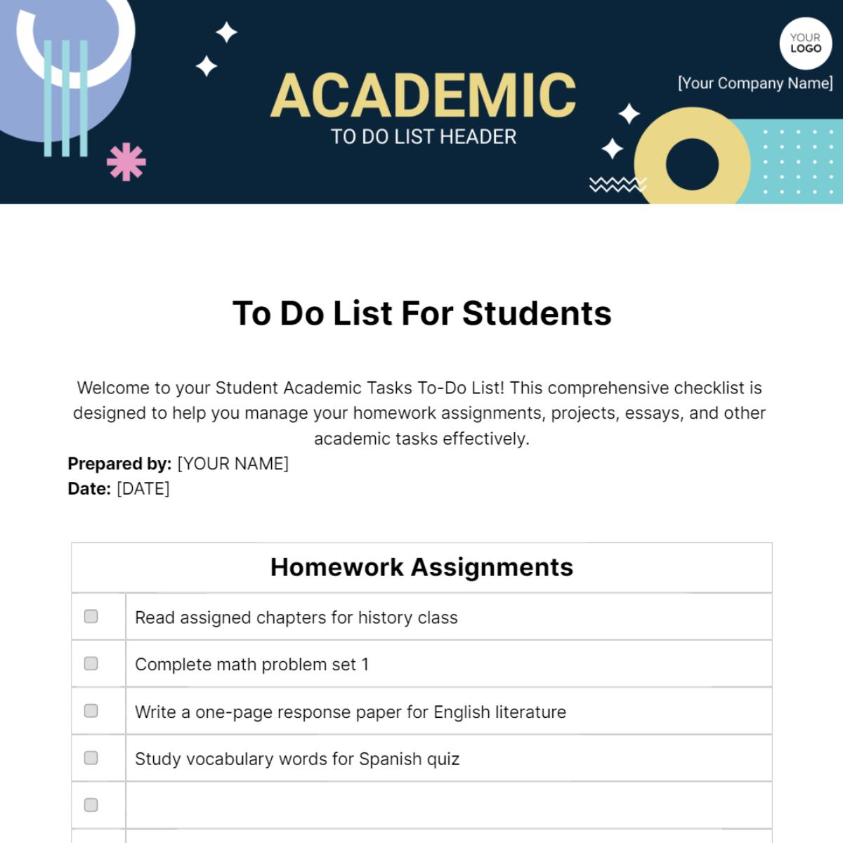 To Do List Template For Students