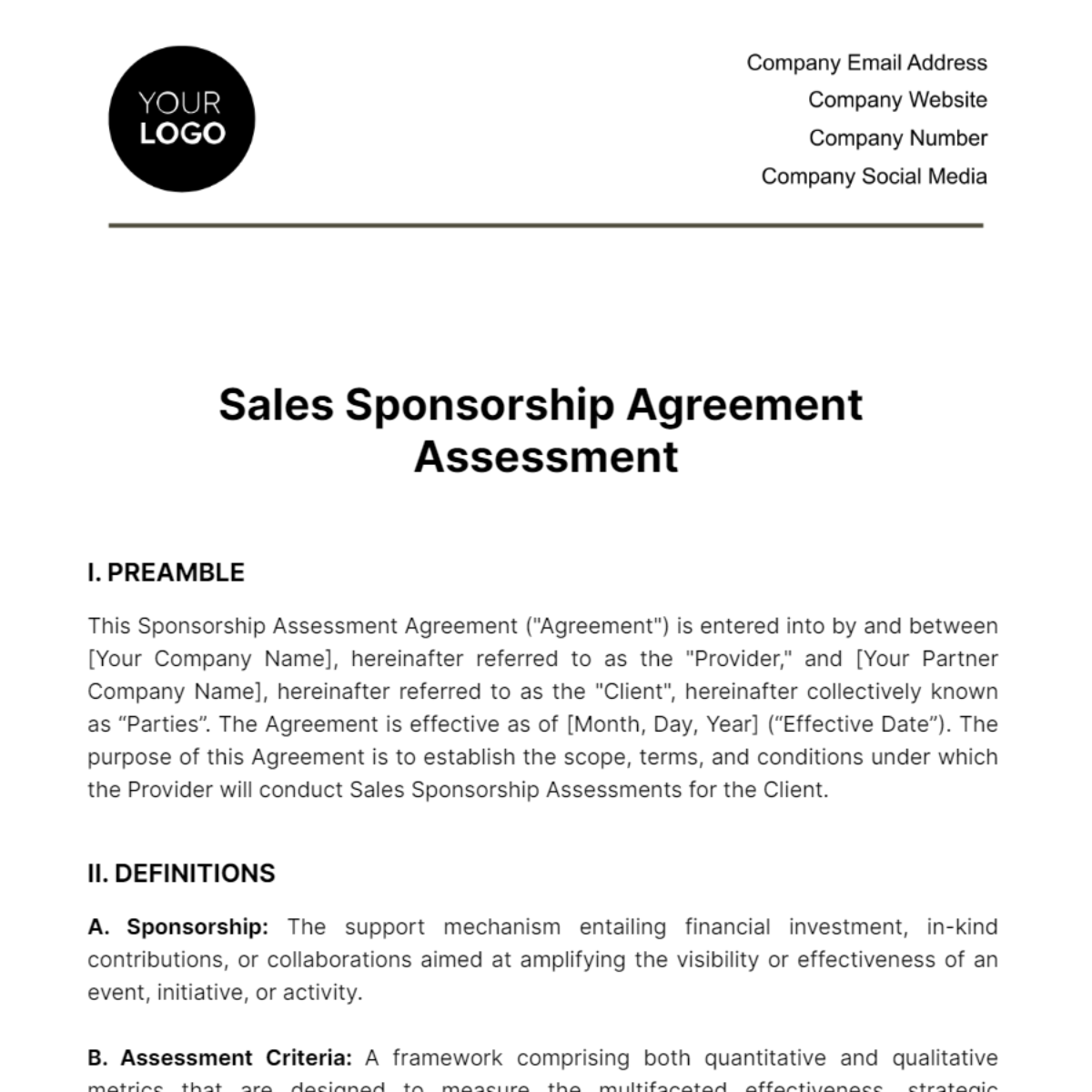 Free Sales Sponsorship Agreement Assessment Template