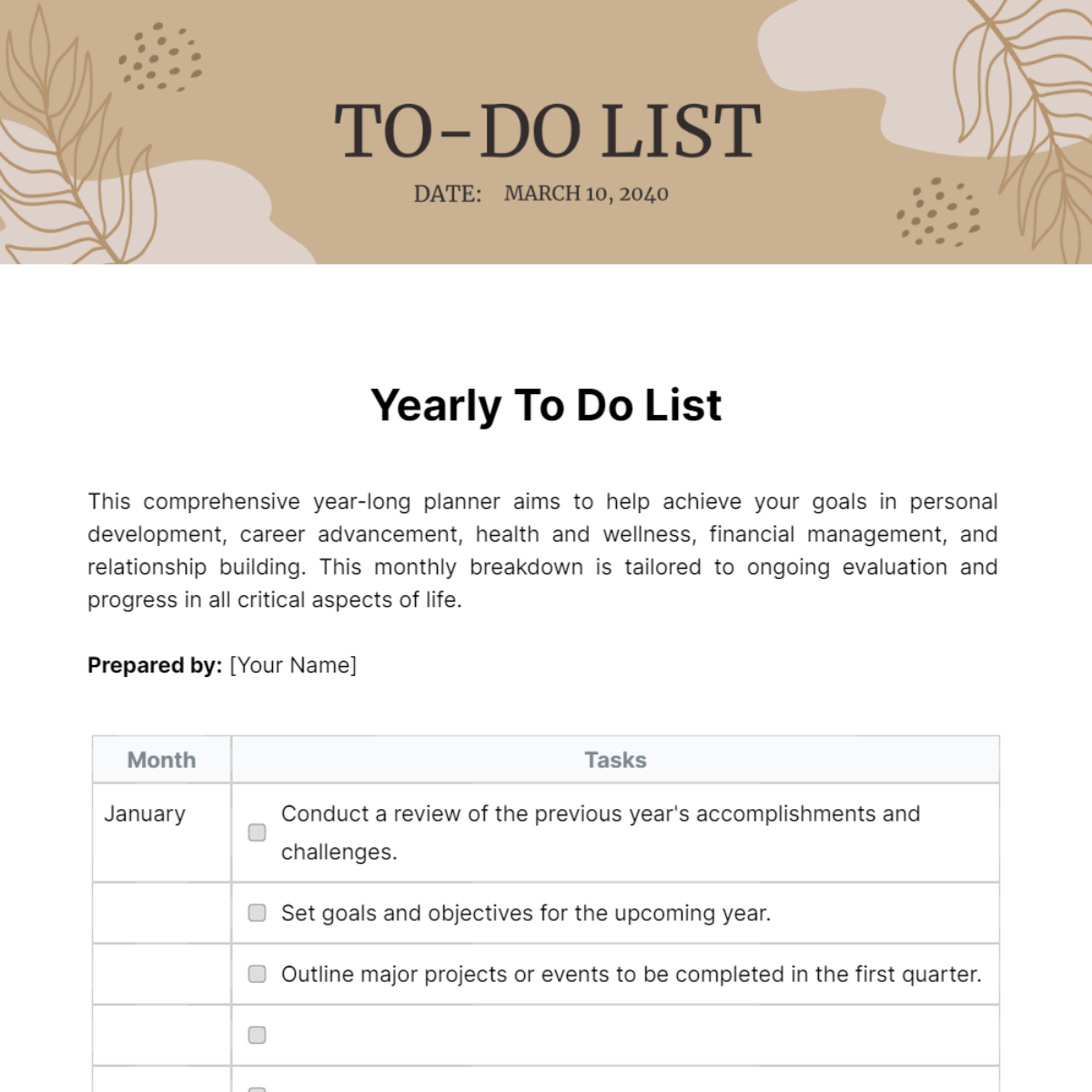 Yearly To Do List Template