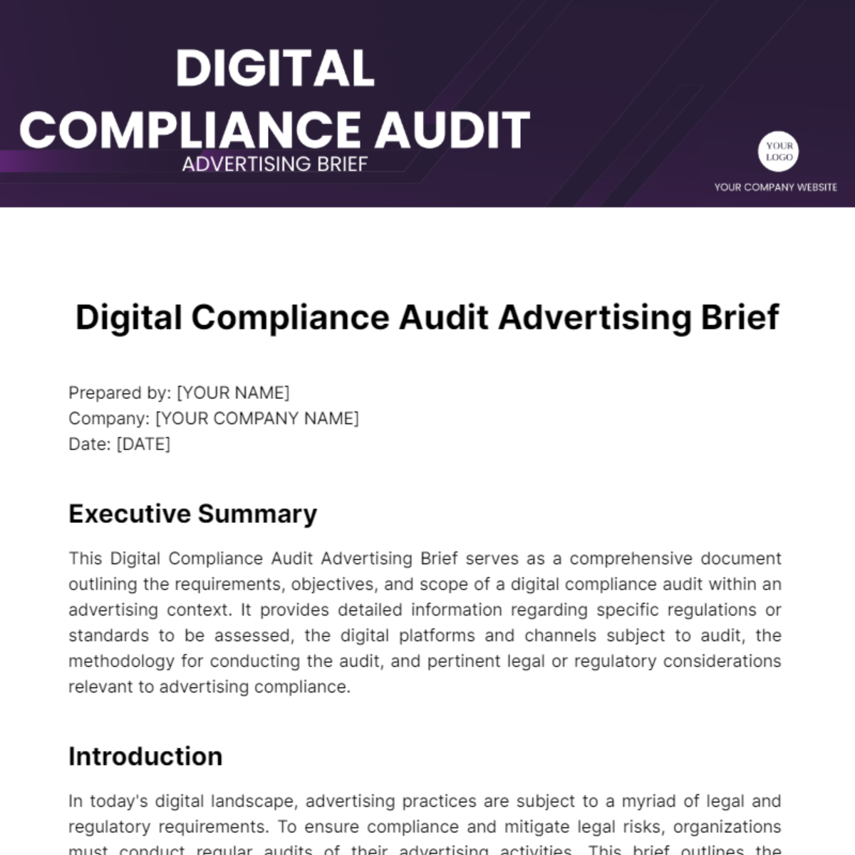 Digital Compliance Audit Advertising Brief Template - Edit Online & Download