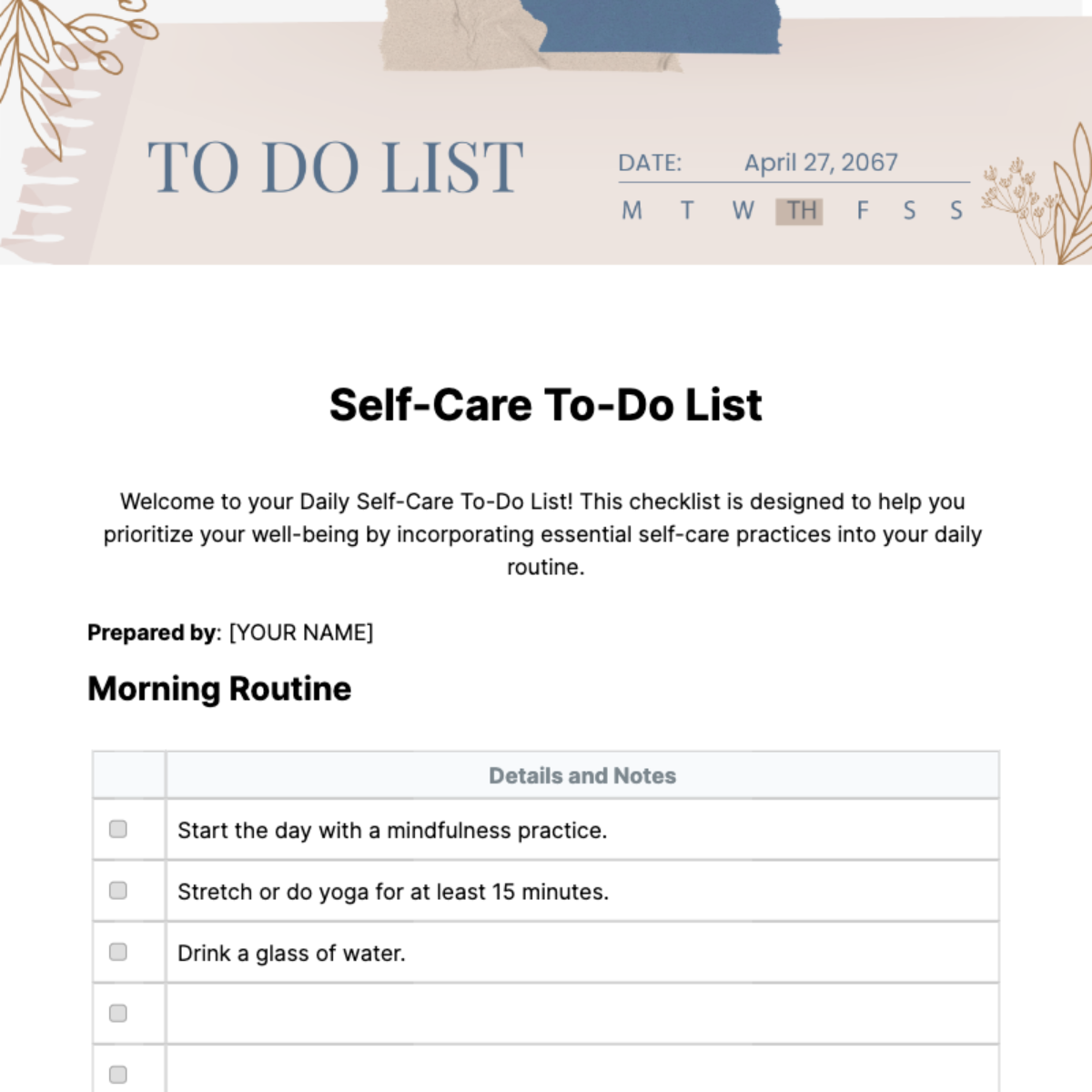 Self Care To Do List Template