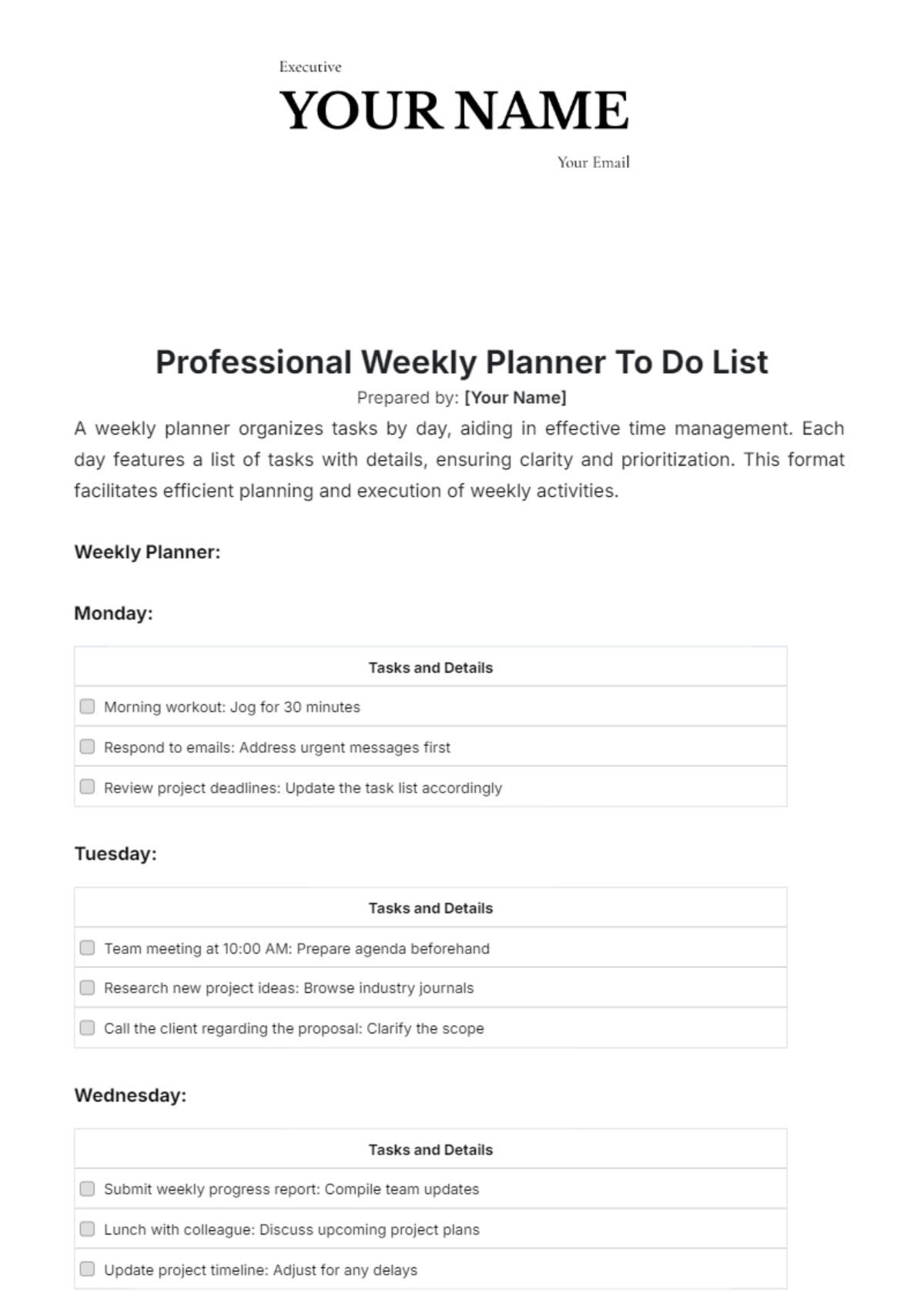 Professional Weekly Planner To Do List Template - Edit Online & Download