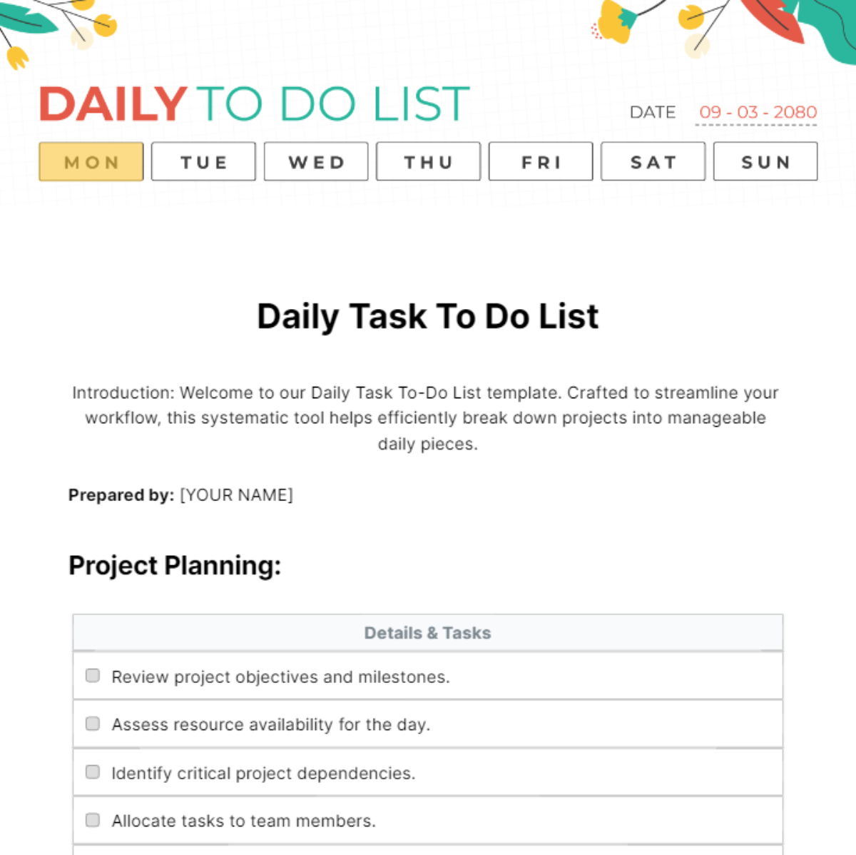 Daily Task To Do List Template