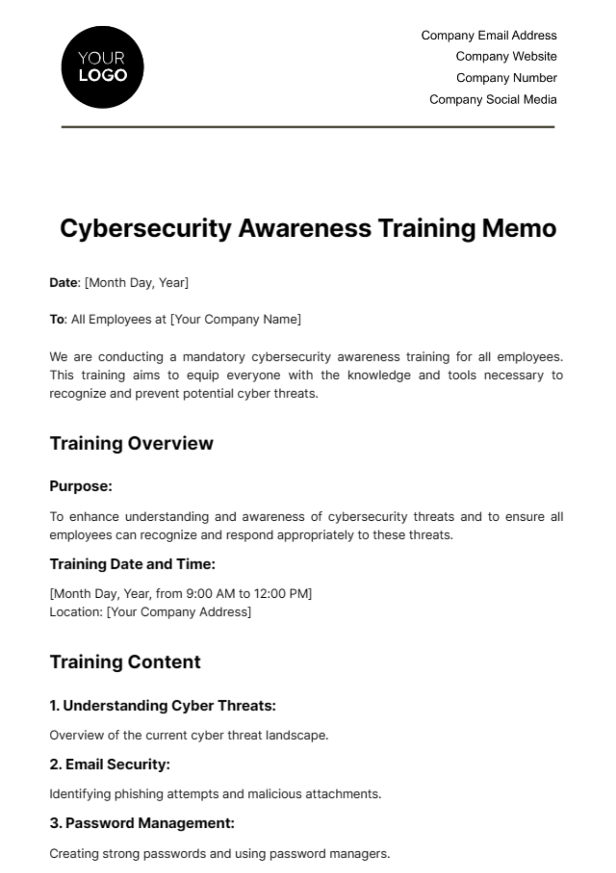 Cybersecurity Awareness Training Memo Template - Edit Online & Download