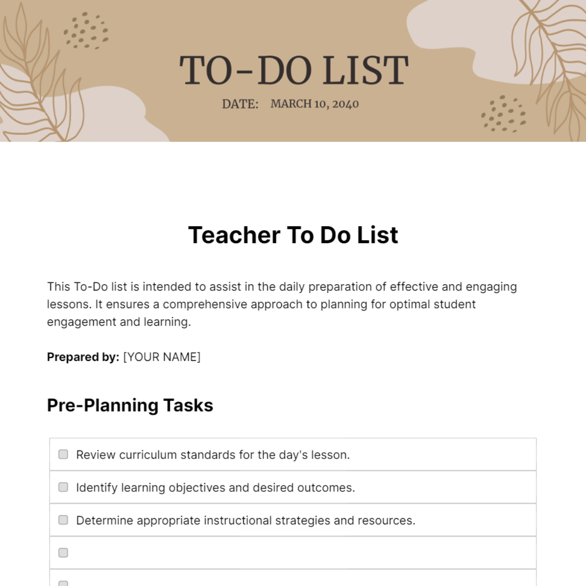 Teacher To Do List Template