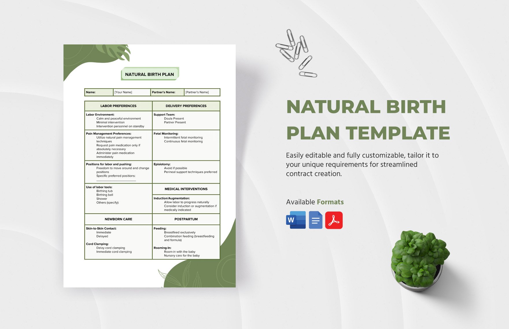 Natural Birth Plan Template in Word, Google Docs, PDF