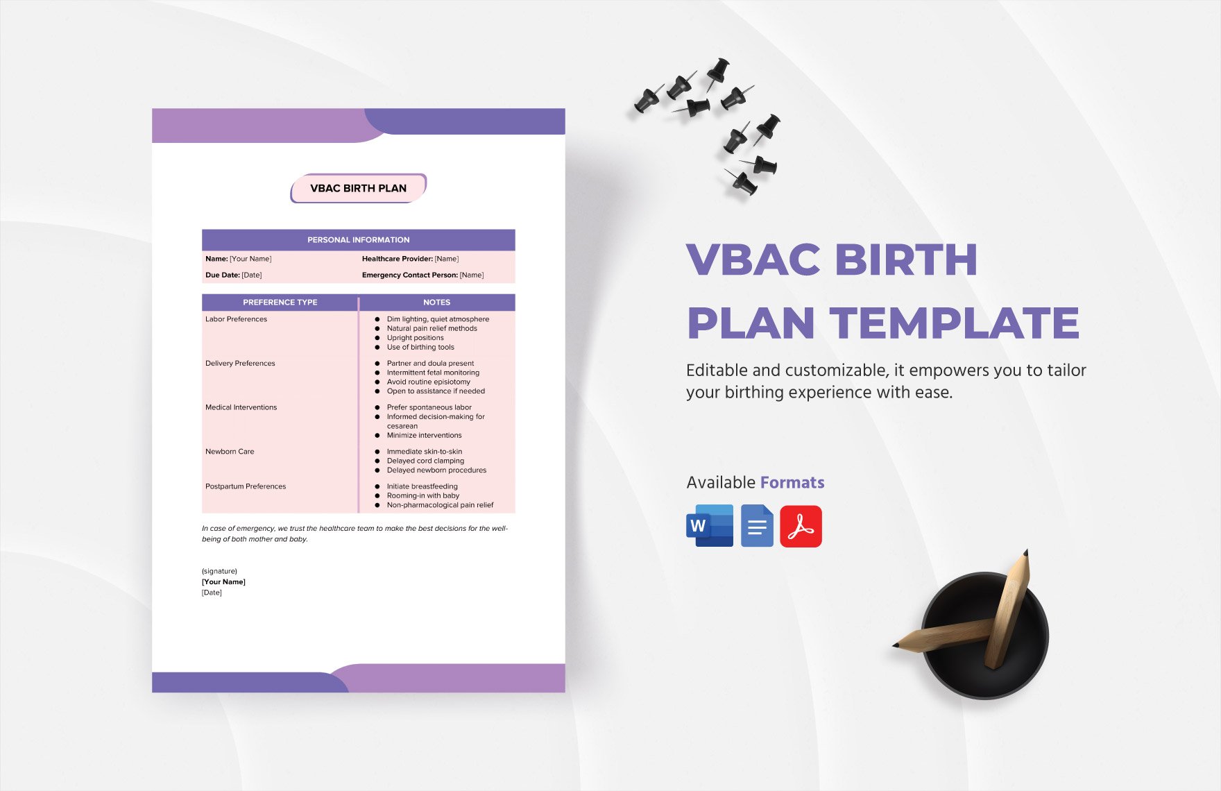 VBAC Birth Plan Template in Word, Google Docs, PDF