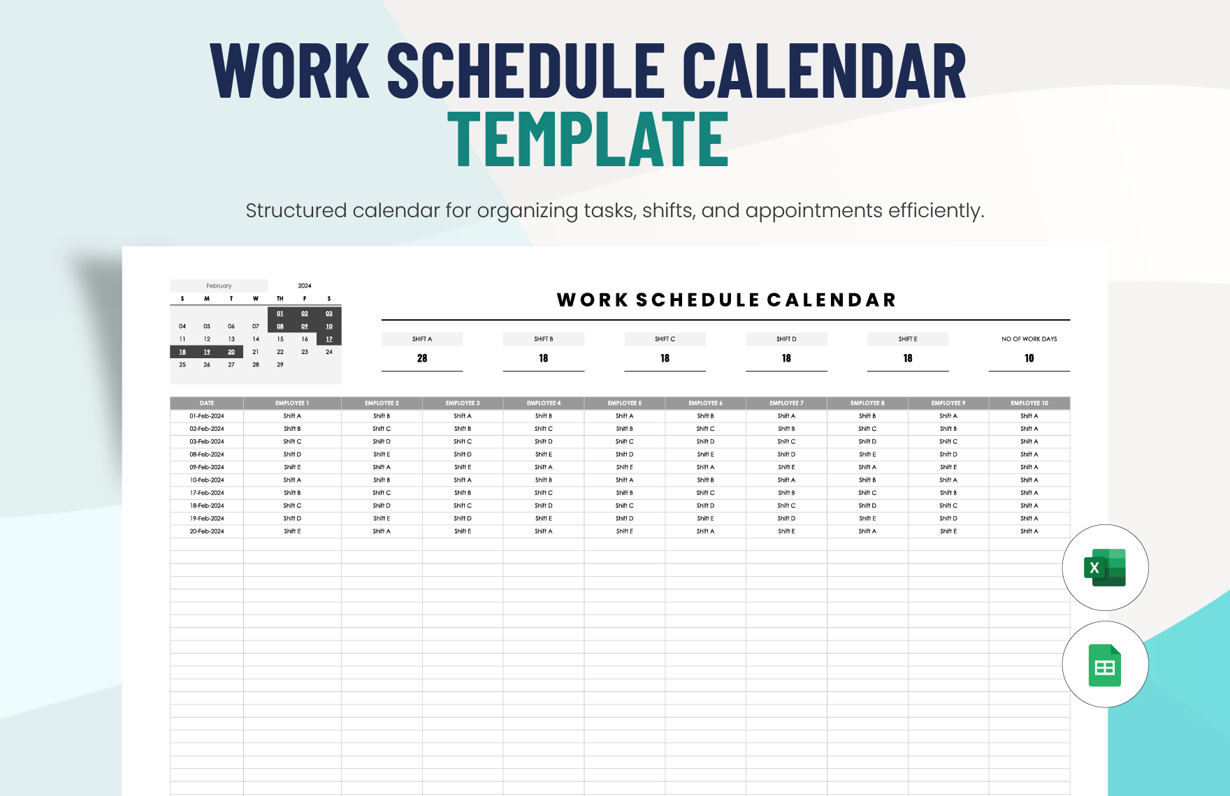 Free Work Schedule Calendar Template in Excel, Google Sheets