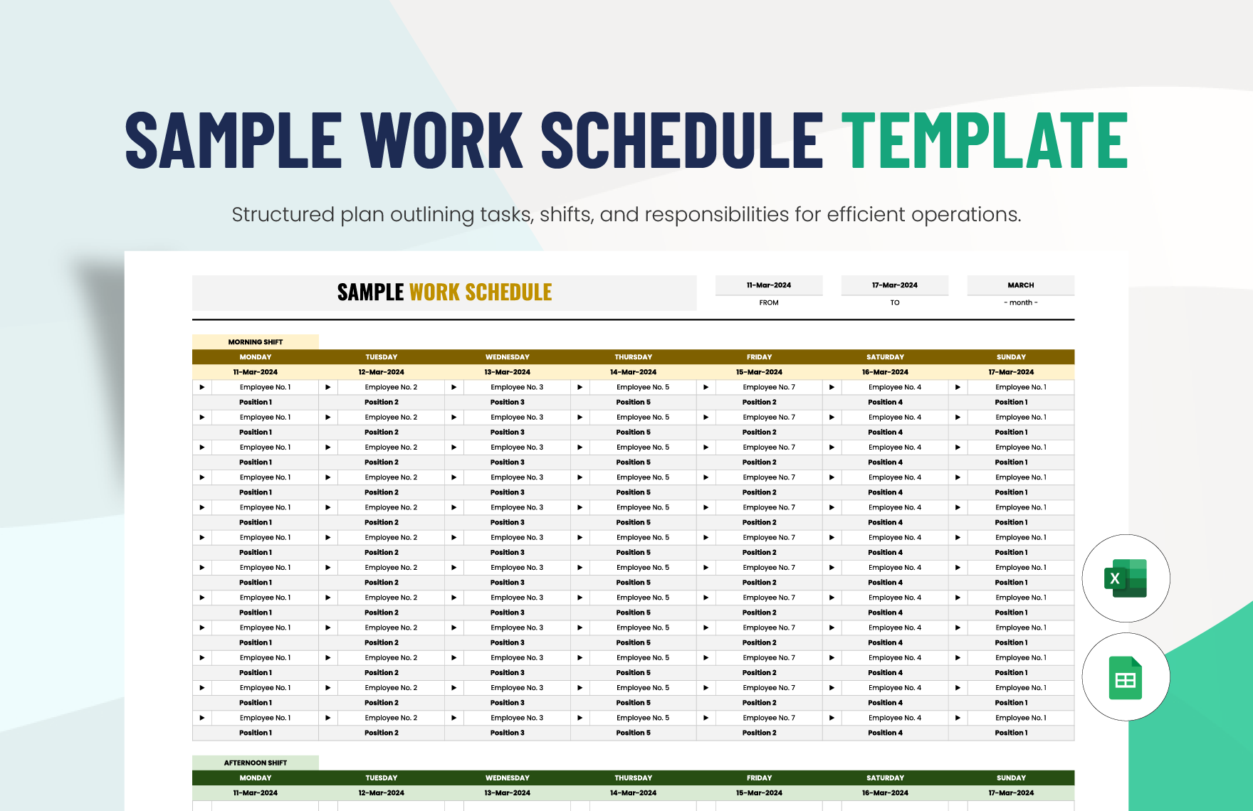 Sample Work Schedule Template in Excel, Google Sheets