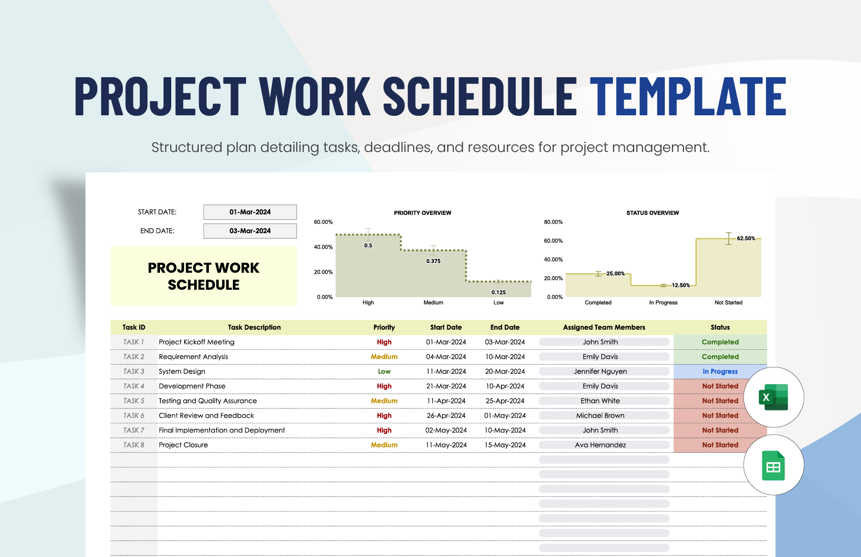 Project Work Schedule Template in Excel, Google Sheets