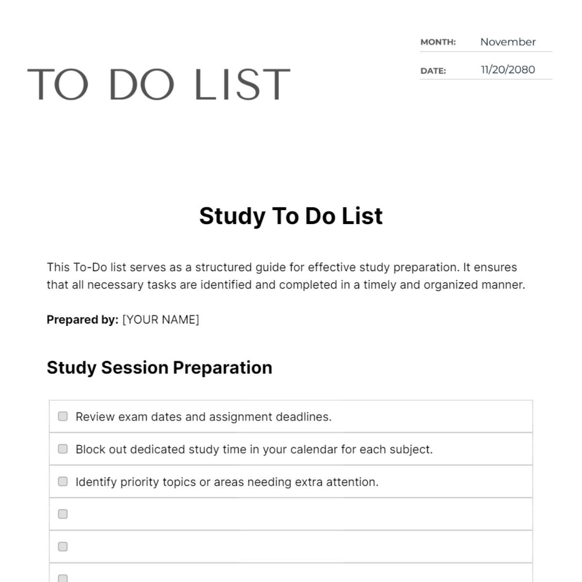 Study To Do List Template
