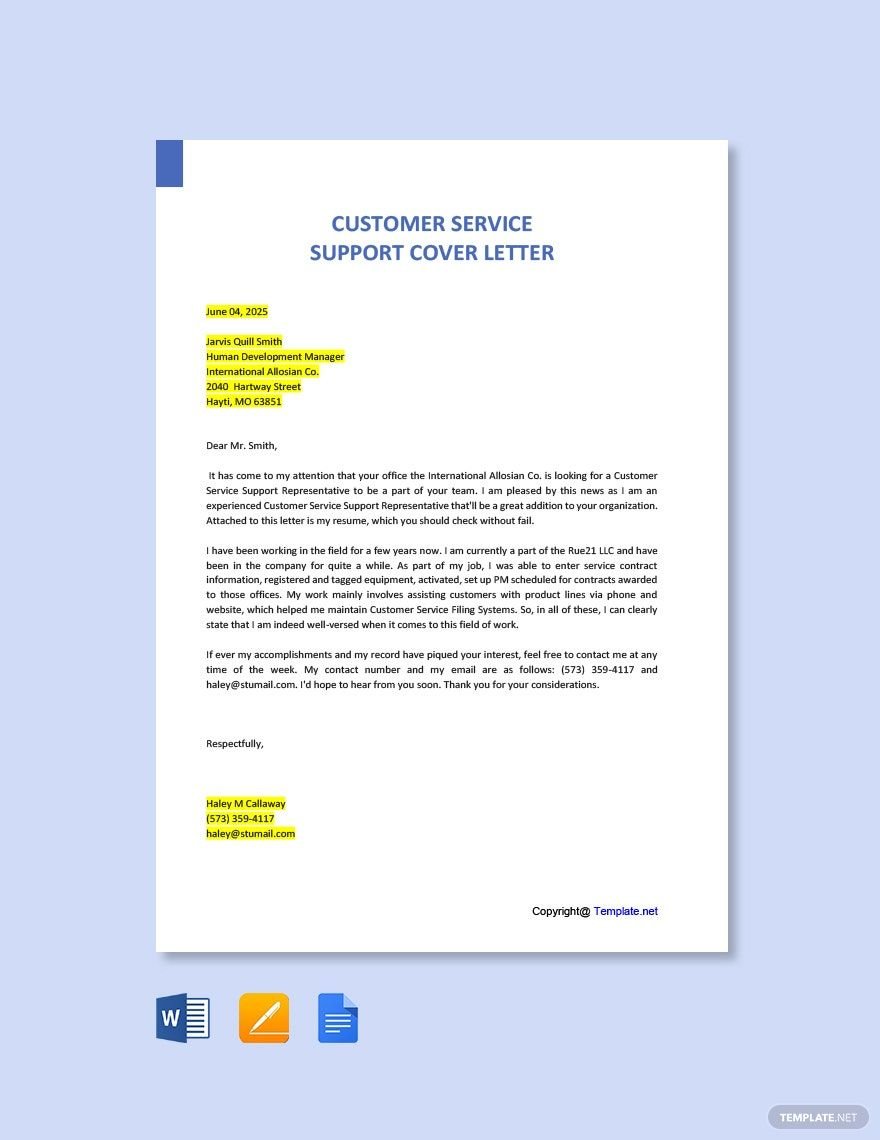 Customer Service Support Cover Letter Template