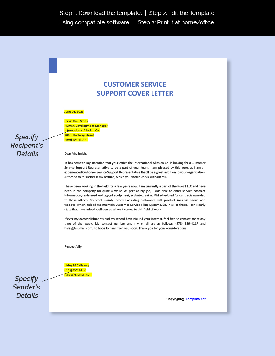 Customer Service Support Cover Letter Template