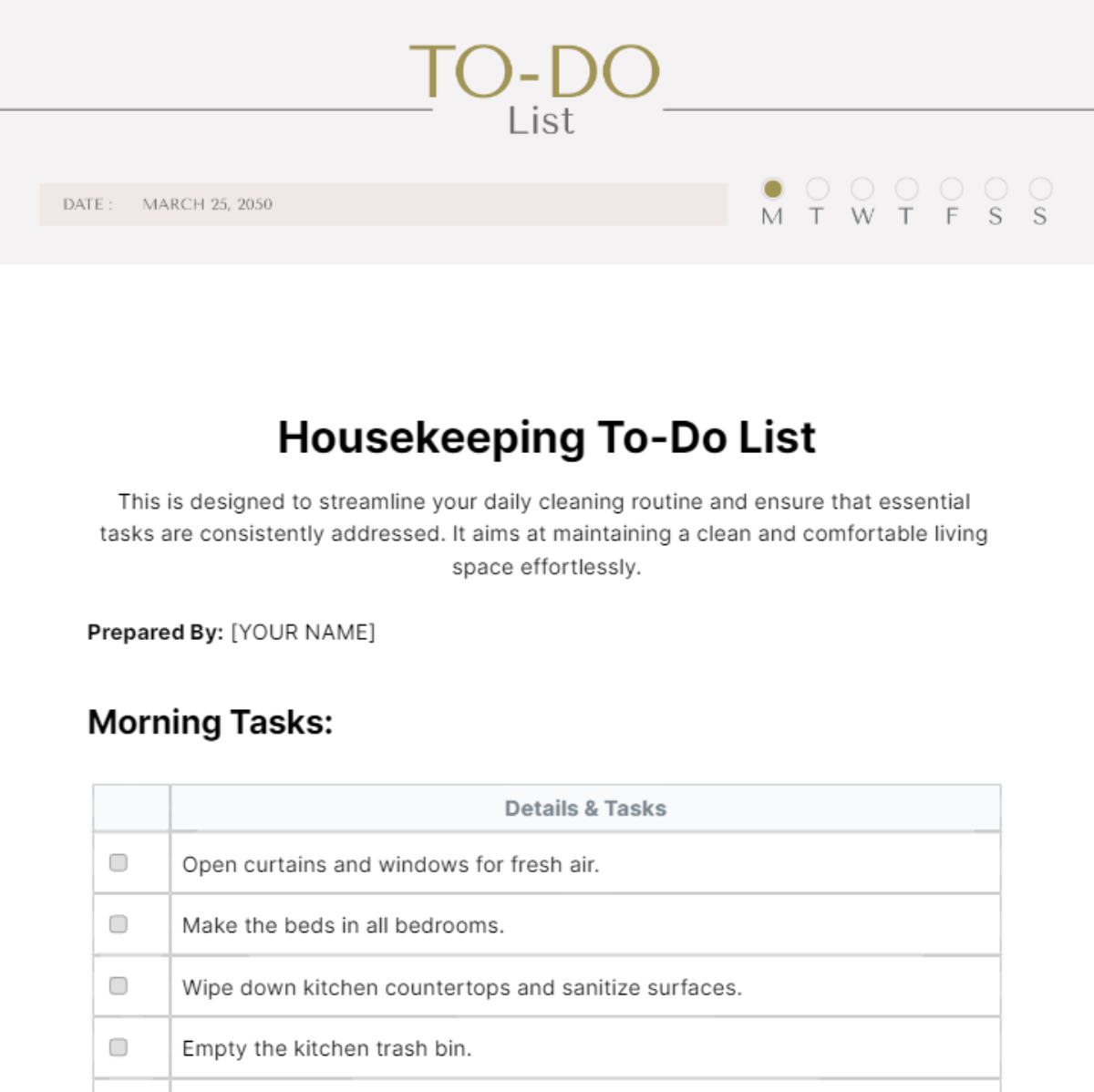 Housekeeping To Do List Template