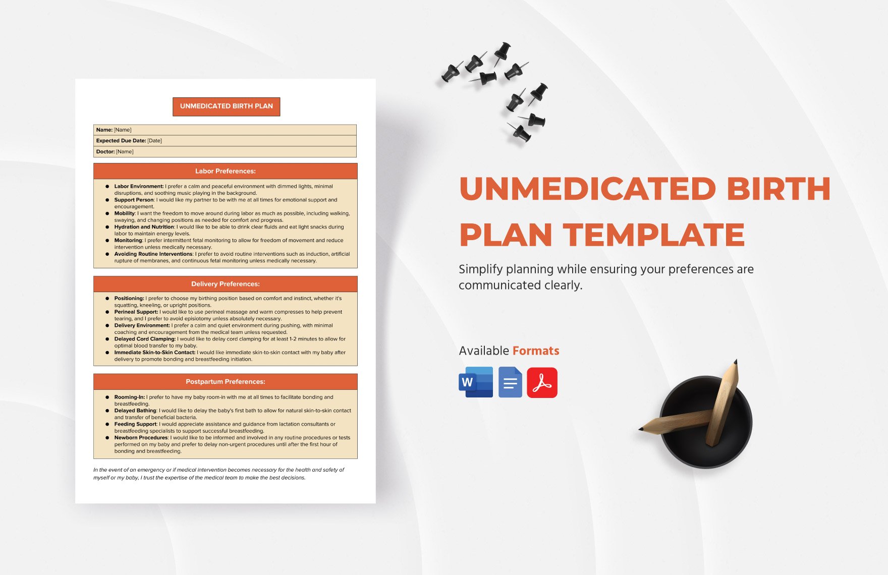 Unmedicated Birth Plan Template in Word, Google Docs, PDF