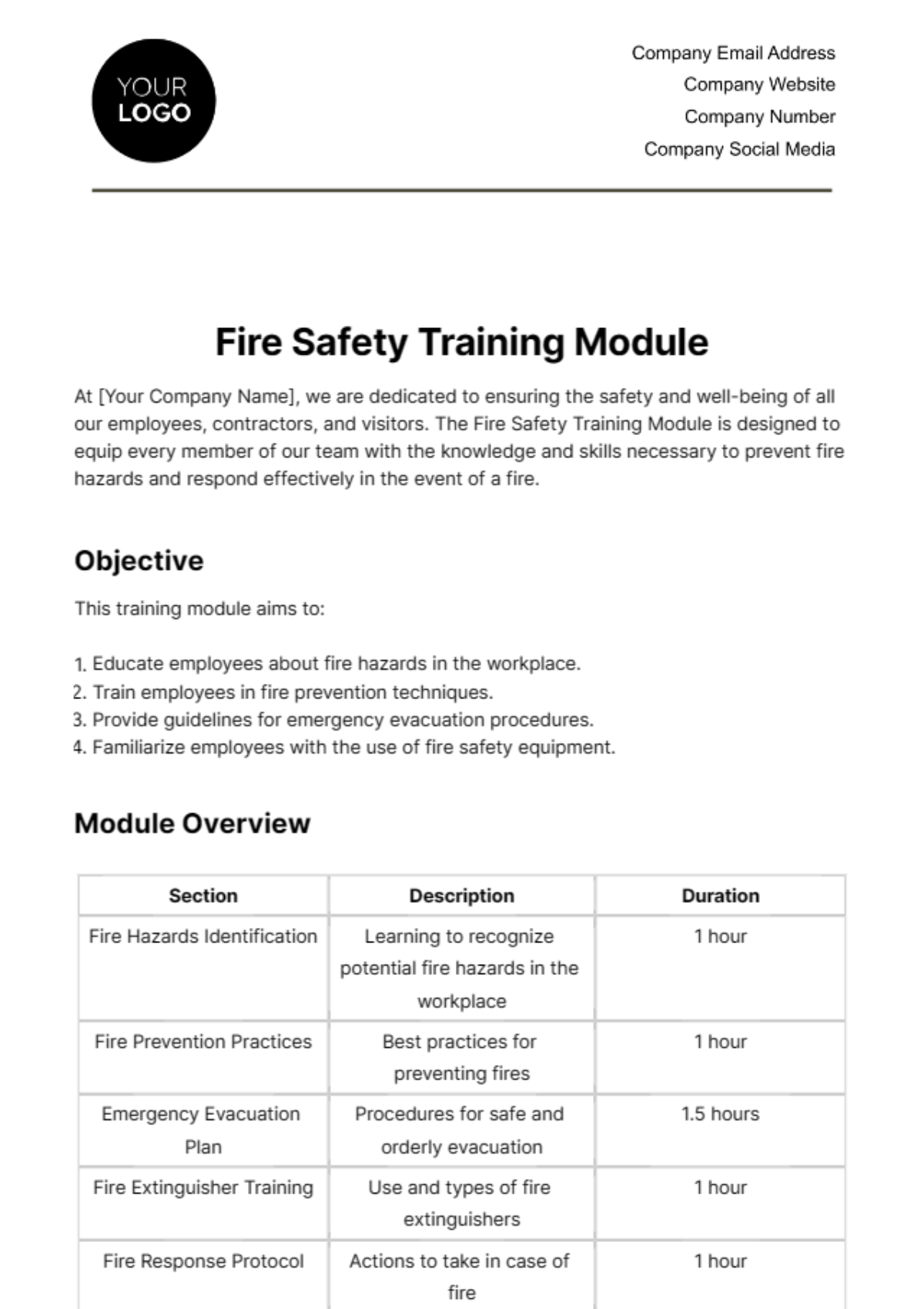 Fire Safety Training Module Template