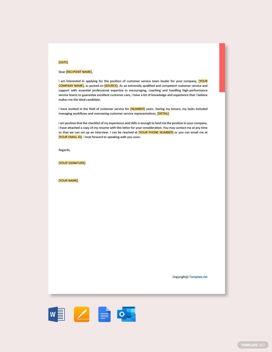 Customer Service Team Leader Cover Letter Template in Pages, Word, Google Docs, Outlook, PDF - Download | Template.net