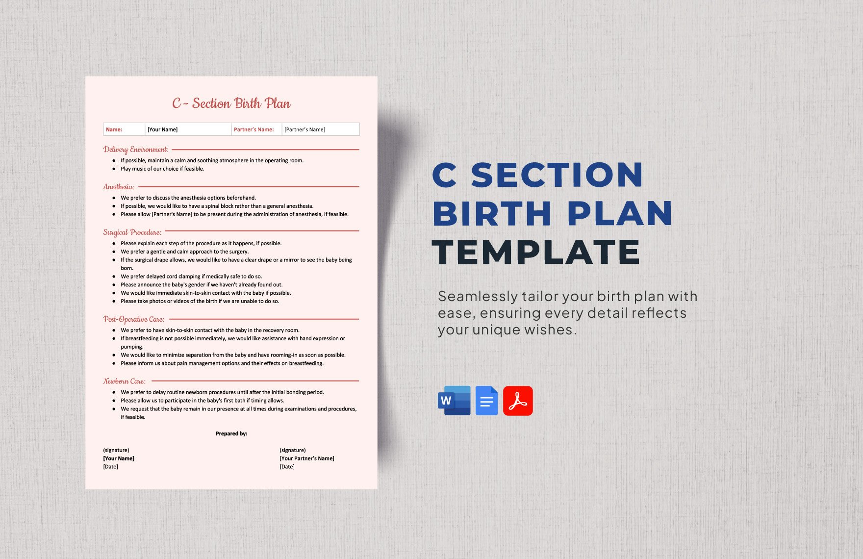 C Section Birth Plan Template in Word, Google Docs, PDF
