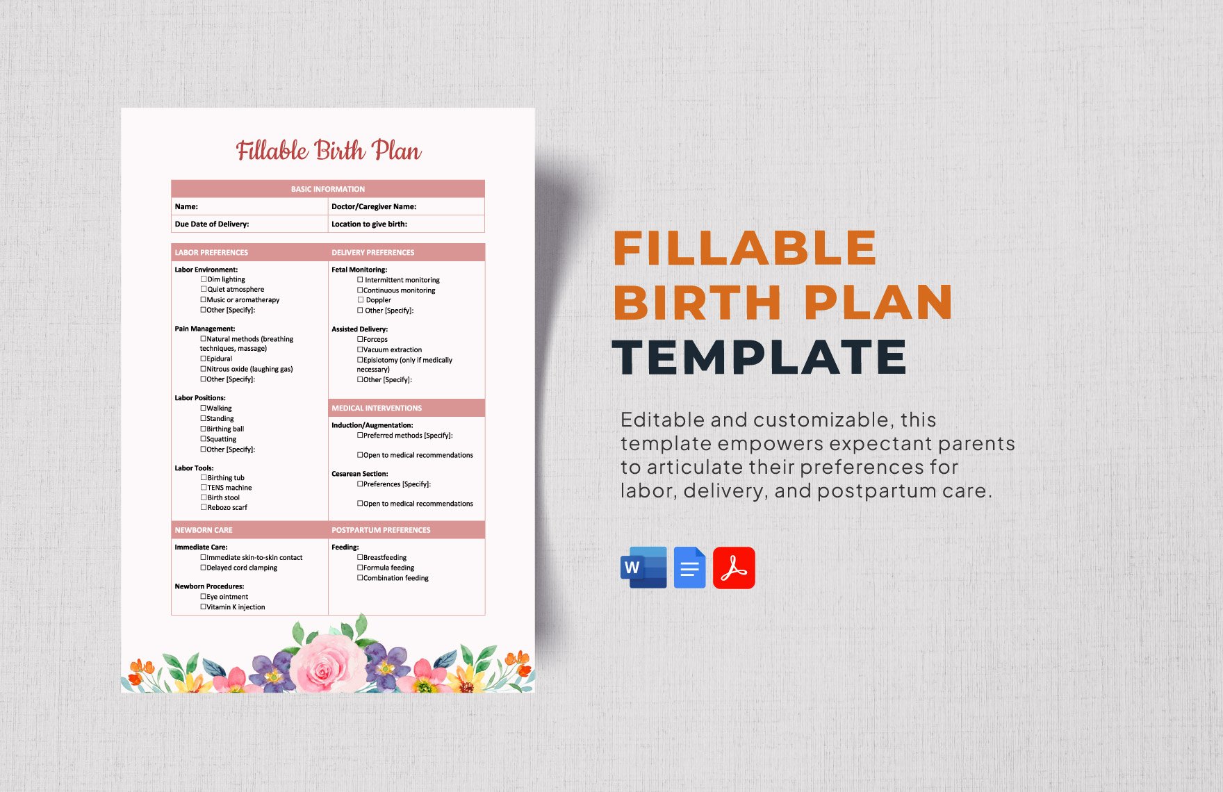 Fillable Birth Plan Template