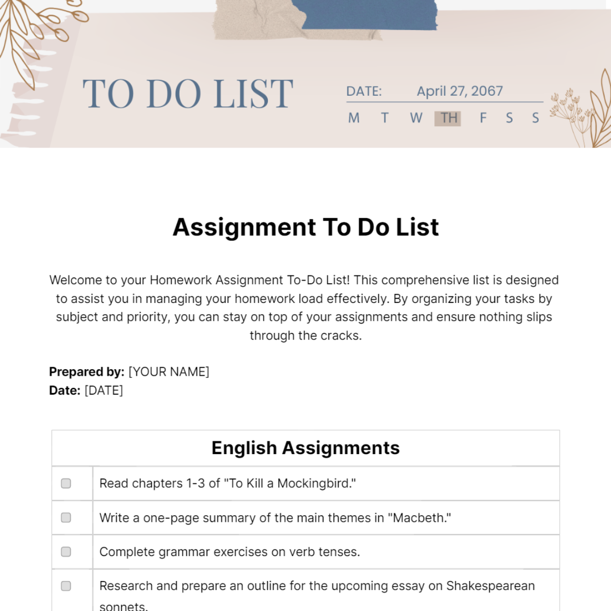 Assignment To Do List Template