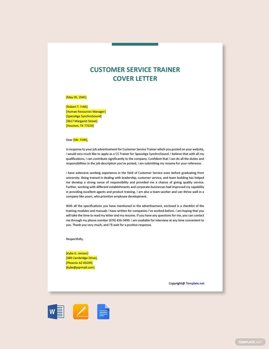 Customer Service Trainer Cover Letter Template