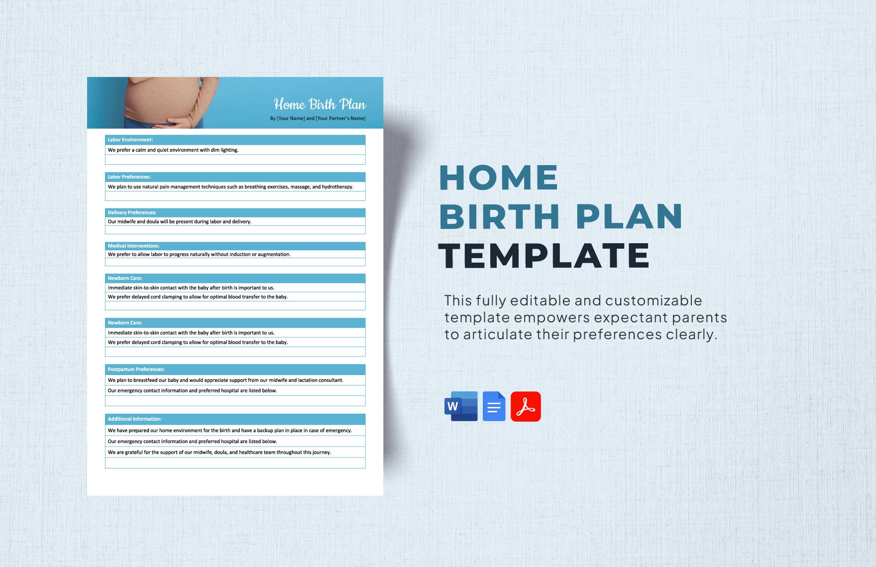 Home Birth Plan Template in Word, Google Docs, PDF