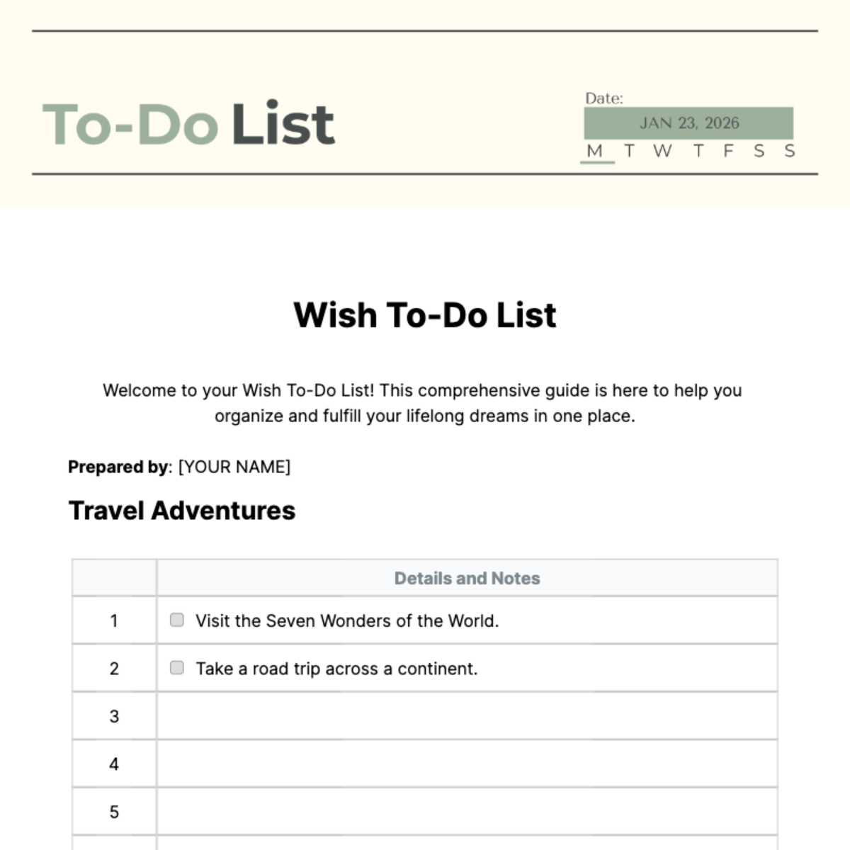 Wish To Do List Template