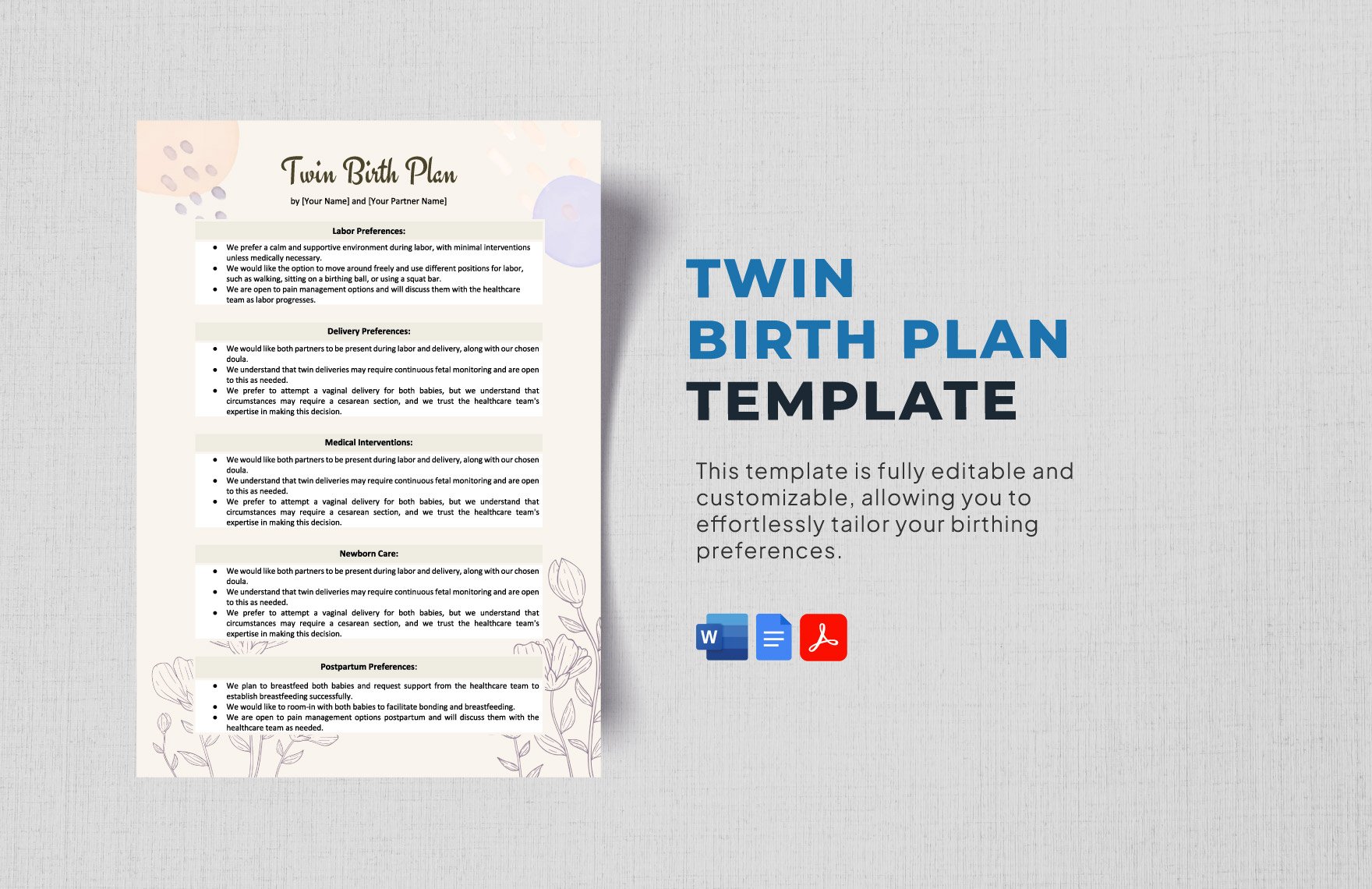 Twin Birth Plan Template in Word, Google Docs, PDF