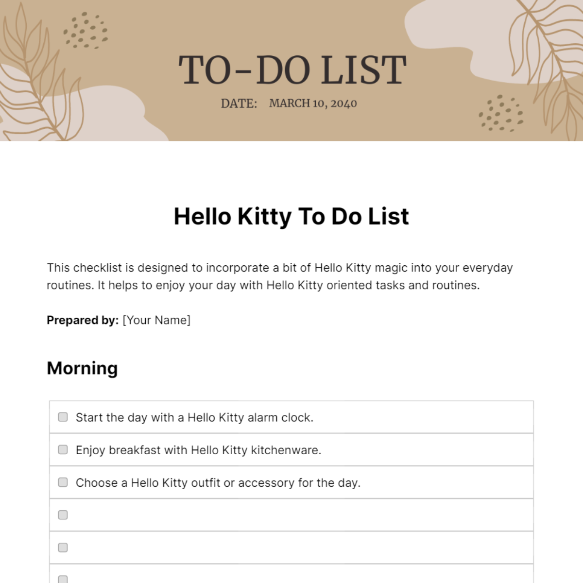Hello Kitty To Do List Template