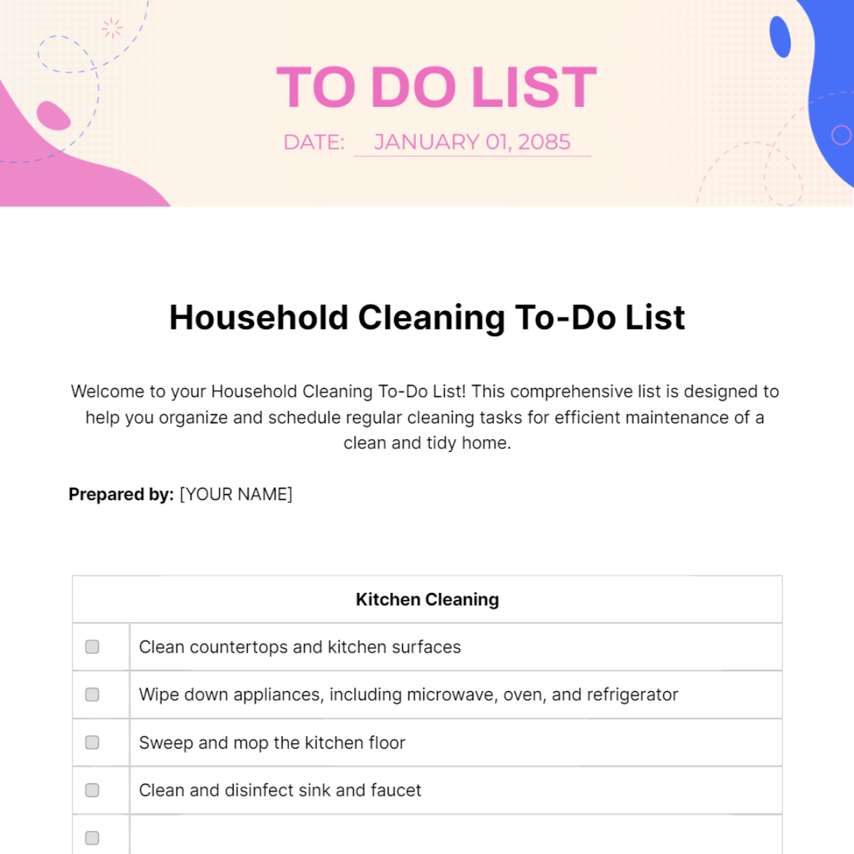 Household To Do List Template
