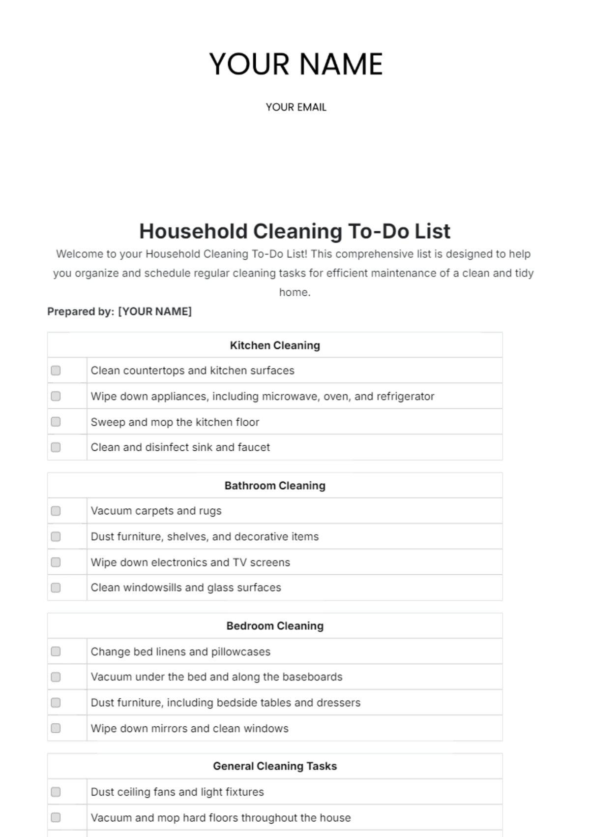 Printable Household To Do List Template