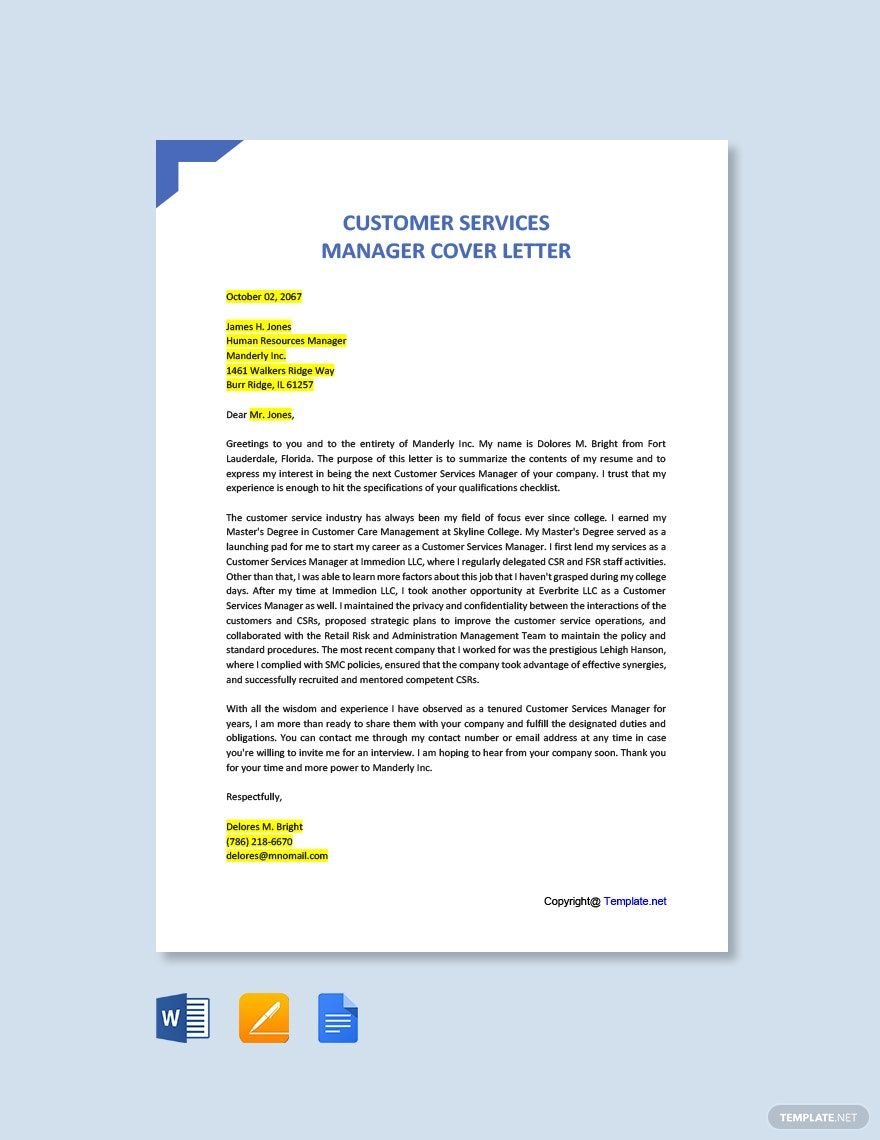Customer Services Manager Cover Letter Template