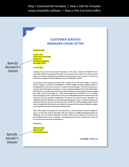 Customer Services Manager Cover Letter Template