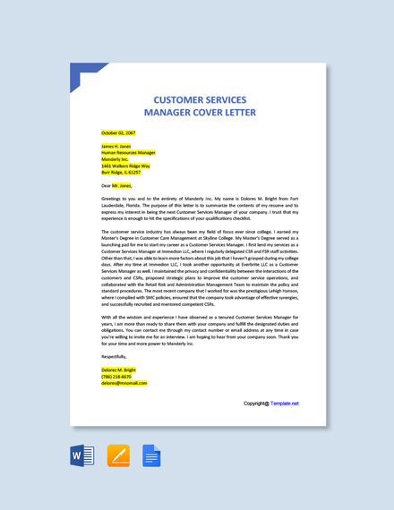 Customer Services Manager Cover Letter
