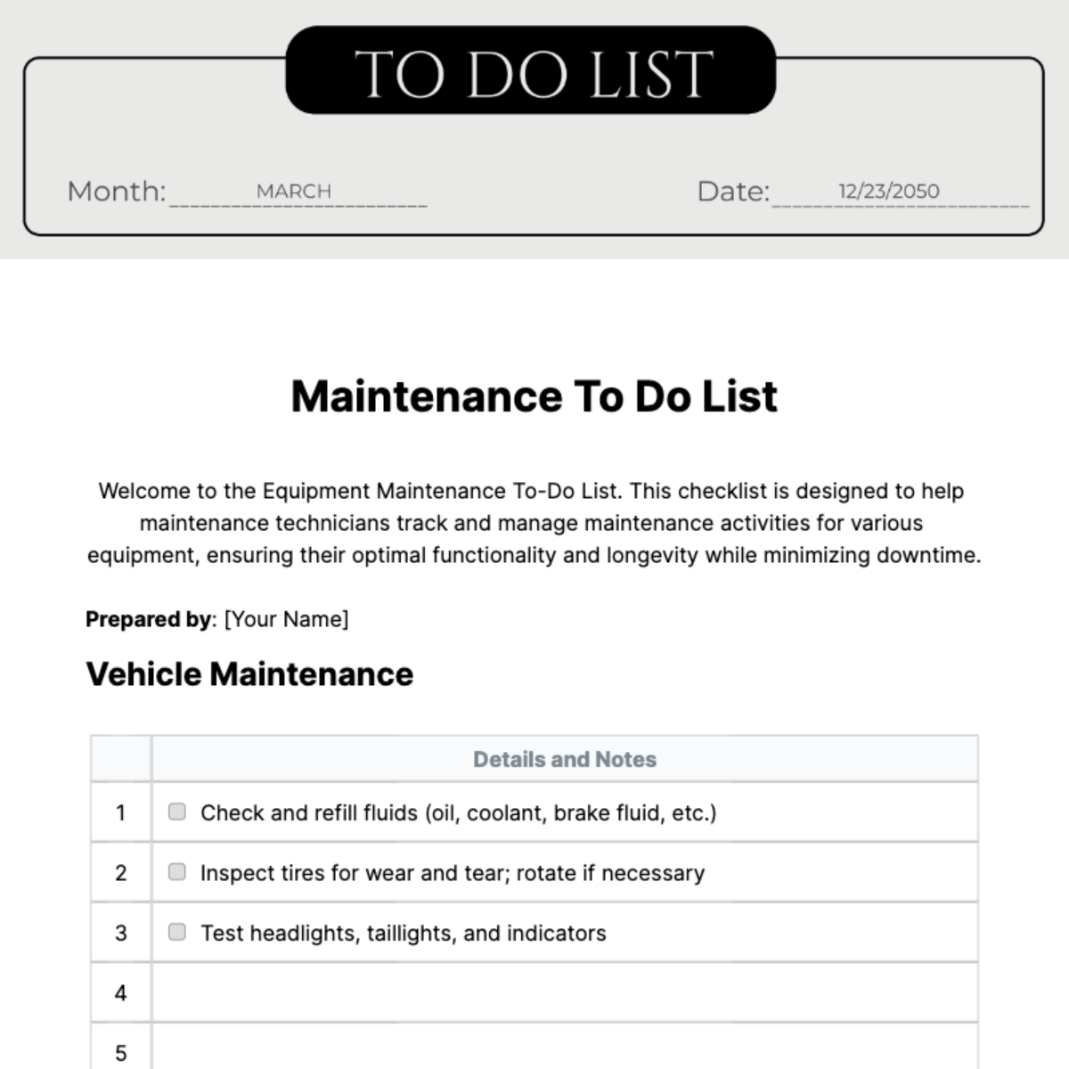Maintenance To Do List Template